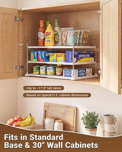 Extendable 3-Tier Kitchen Cabinet & Pantry Organizer for Plastic Wrap, Foil & Storage Bags, Adjustable Heavy Duty Shelf Rack for Wrap Boxes, Jars & Snack Boxes (11–16.7 in Wide), Pack of 1