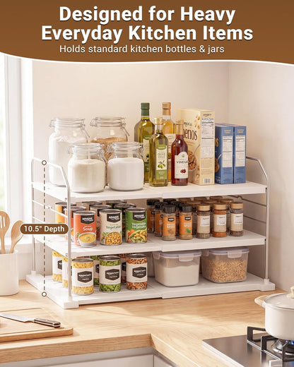 Extendable 3-Tier Kitchen Cabinet & Pantry Organizer for Plastic Wrap, Foil & Storage Bags, Adjustable Heavy Duty Shelf Rack for Wrap Boxes, Jars & Snack Boxes (11–16.7 in Wide), Pack of 1