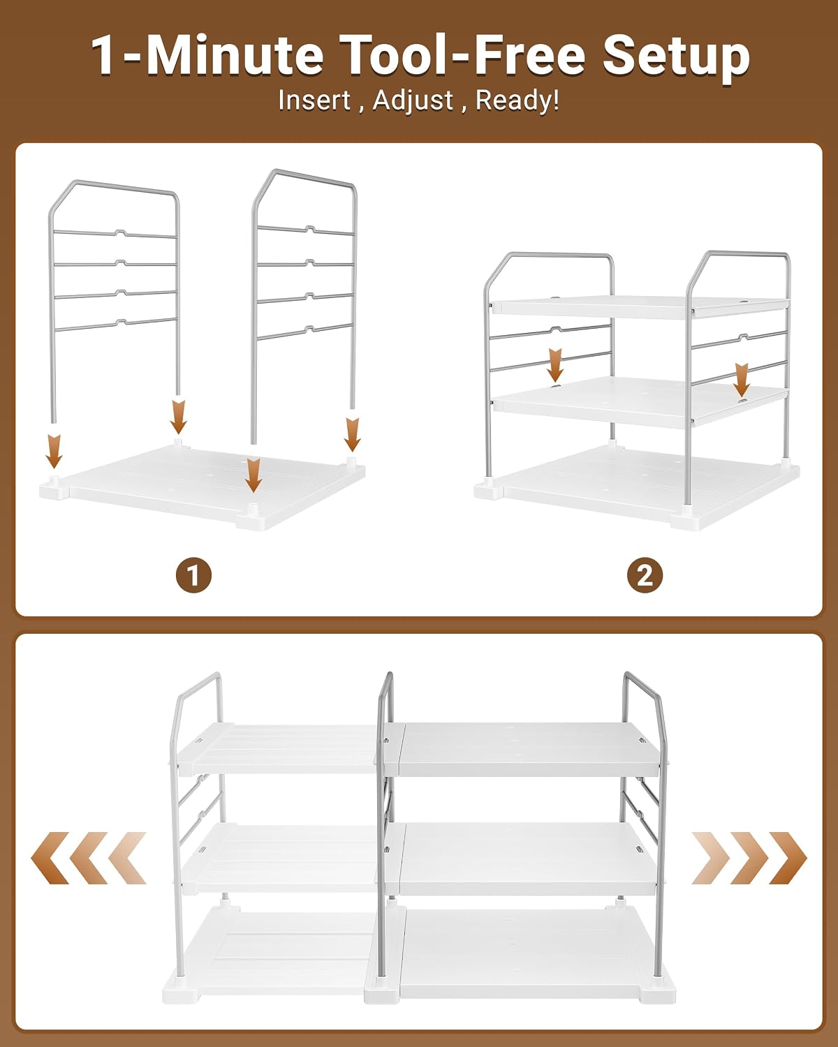 Extendable 3-Tier Kitchen Cabinet & Pantry Organizer for Plastic Wrap, Foil & Storage Bags, Adjustable Heavy Duty Shelf Rack for Wrap Boxes, Jars & Snack Boxes (11–16.7 in Wide), Pack of 1