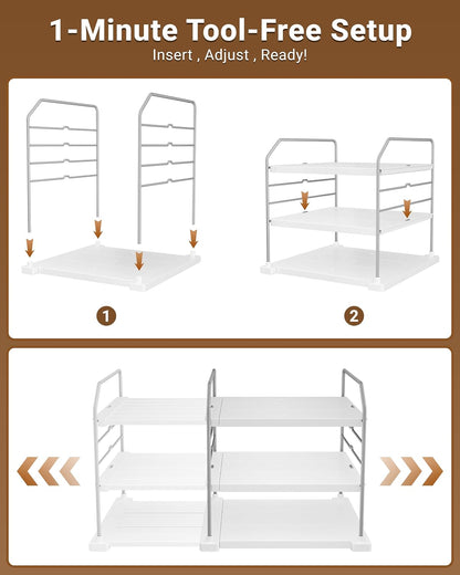 Extendable 3-Tier Kitchen Cabinet & Pantry Organizer for Plastic Wrap, Foil & Storage Bags, Adjustable Heavy Duty Shelf Rack for Wrap Boxes, Jars & Snack Boxes (11–16.7 in Wide), Pack of 1