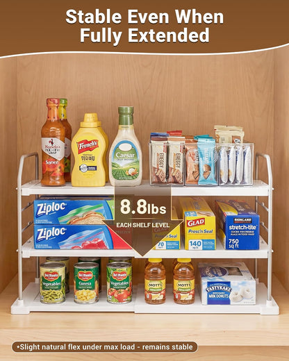 Extendable 3-Tier Kitchen Cabinet & Pantry Organizer for Plastic Wrap, Foil & Storage Bags, Adjustable Heavy Duty Shelf Rack for Wrap Boxes, Jars & Snack Boxes (11–16.7 in Wide), Pack of 1