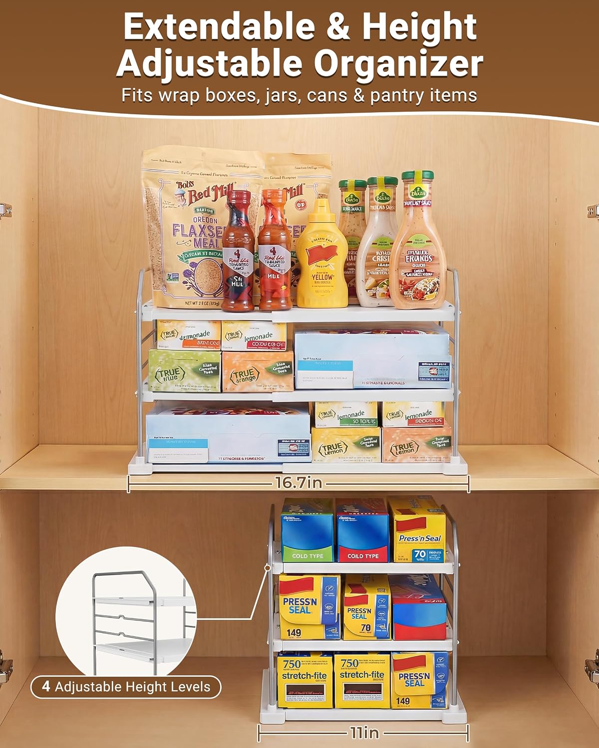 Extendable 3-Tier Kitchen Cabinet & Pantry Organizer for Plastic Wrap, Foil & Storage Bags, Adjustable Heavy Duty Shelf Rack for Wrap Boxes, Jars & Snack Boxes (11–16.7 in Wide), Pack of 1