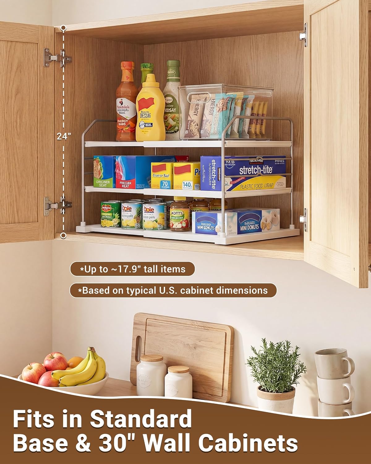 Extendable 3-Tier Kitchen Cabinet & Pantry Organizer for Plastic Wrap, Foil & Storage Bags, Adjustable Heavy Duty Shelf Rack for Wrap Boxes, Jars & Snack Boxes (11–16.7 in Wide), Pack of 1