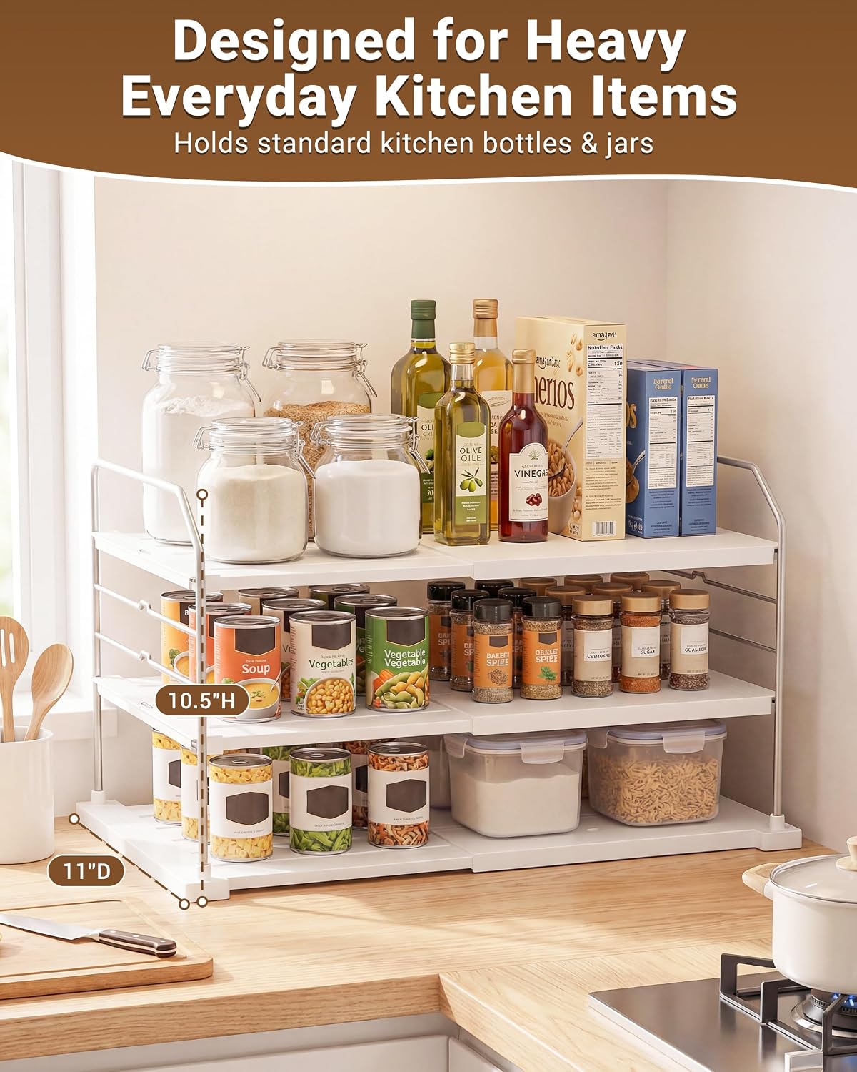 Extendable 3-Tier Kitchen Cabinet & Pantry Organizer for Plastic Wrap, Foil & Storage Bags, Adjustable Heavy Duty Shelf Rack for Wrap Boxes, Jars & Snack Boxes (11–16.7 in Wide), Pack of 1