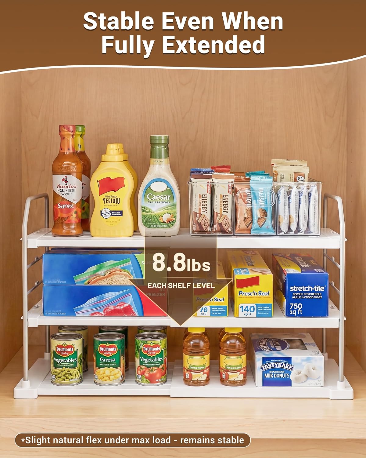 Extendable 3-Tier Kitchen Cabinet & Pantry Organizer for Plastic Wrap, Foil & Storage Bags, Adjustable Heavy Duty Shelf Rack for Wrap Boxes, Jars & Snack Boxes (11–16.7 in Wide), Pack of 1