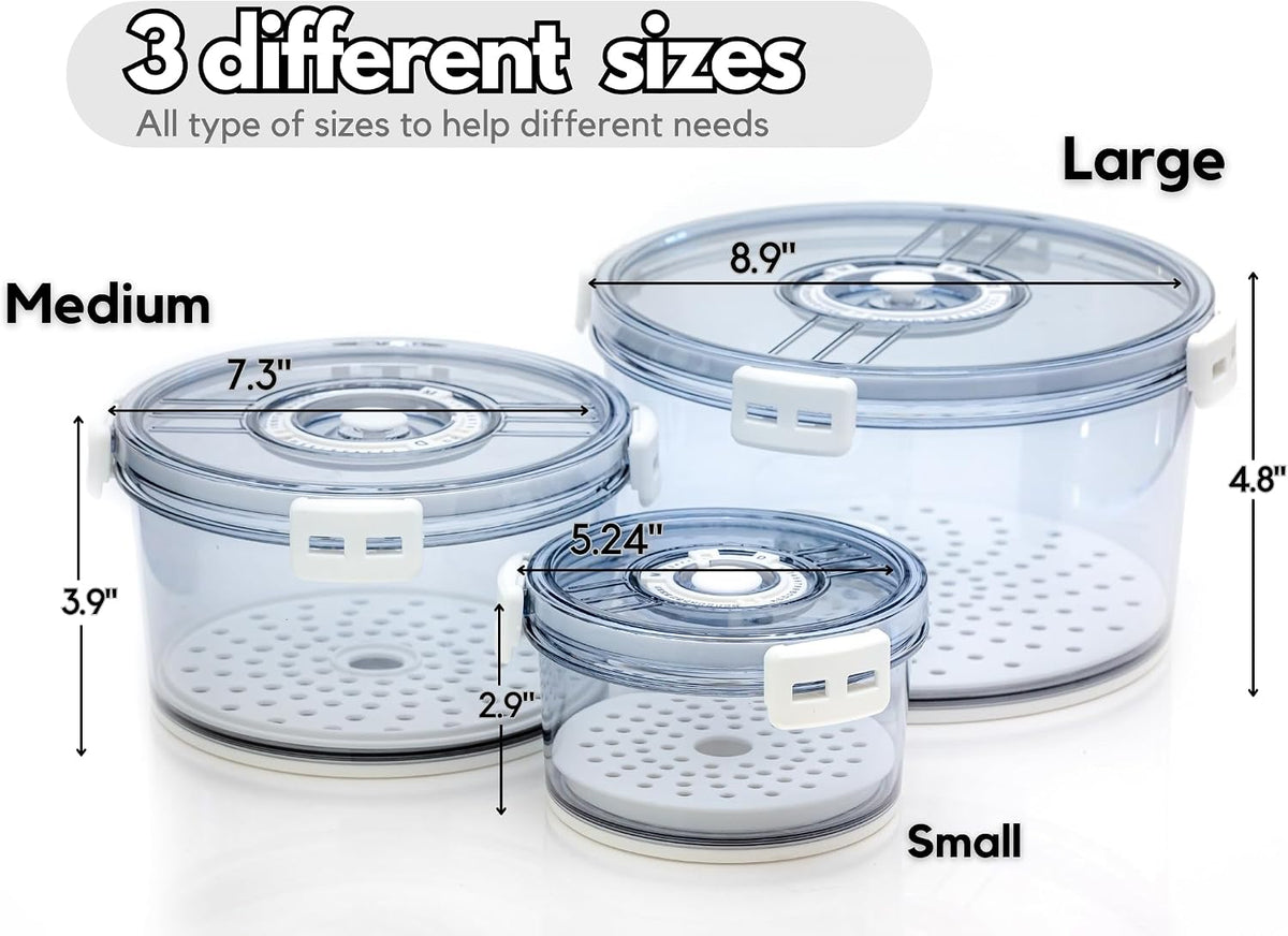 Lettuce Keeper for Refrigerator with Lids Lettuce Crisper 3-Piece Set Date Chronograph Airtight BPA-Free Removable Drain Tray and Air Vents