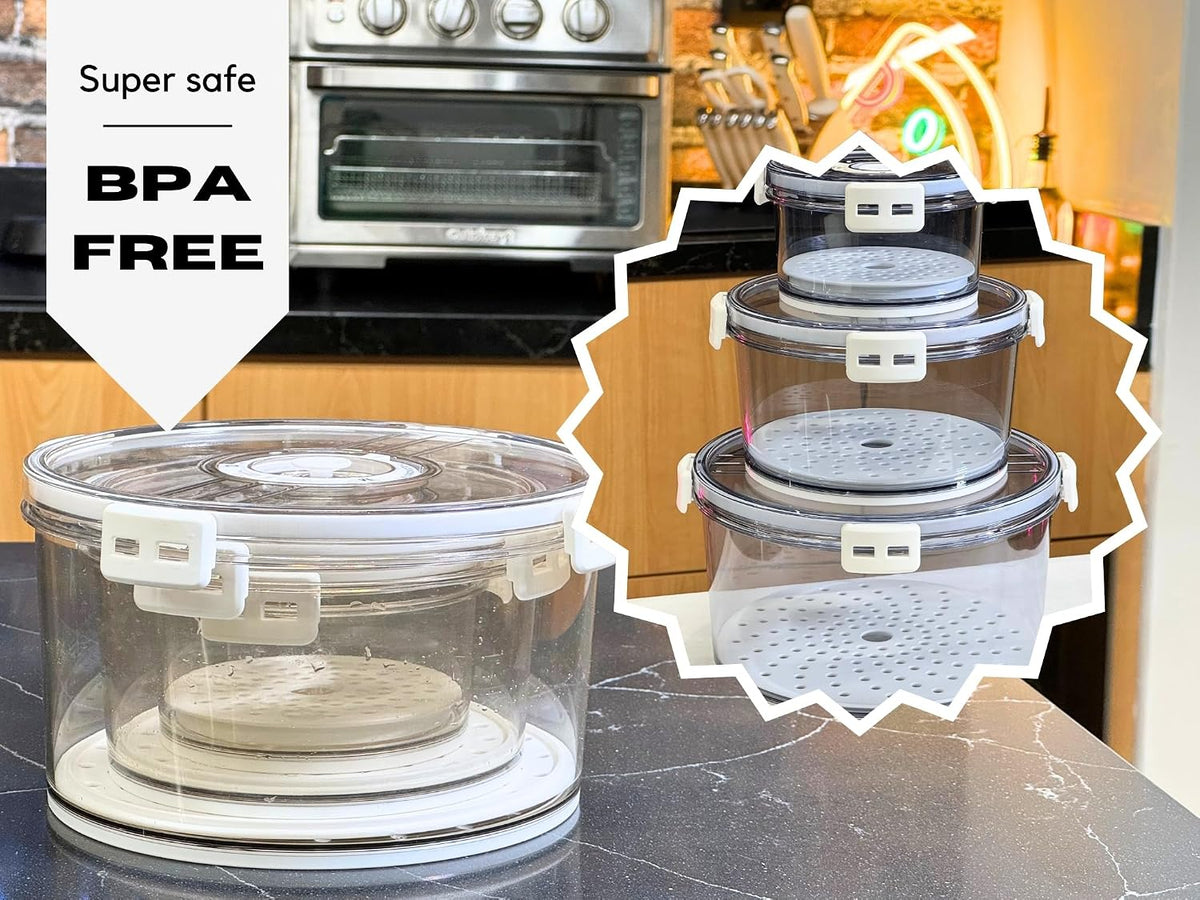 Lettuce Keeper for Refrigerator with Lids Lettuce Crisper 3-Piece Set Date Chronograph Airtight BPA-Free Removable Drain Tray and Air Vents