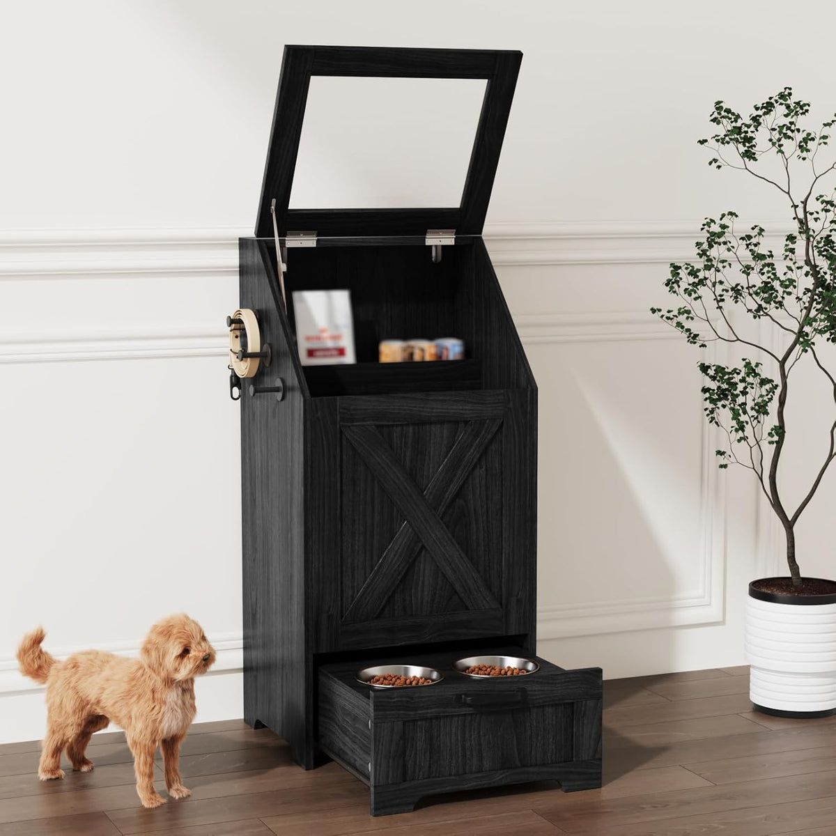 Dog Feeding Station with 2 Elevated Bowls & Storage Cabinet,Walnut