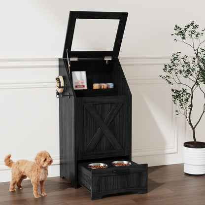 Dog Feeding Station with 2 Elevated Bowls & Storage Cabinet,Walnut