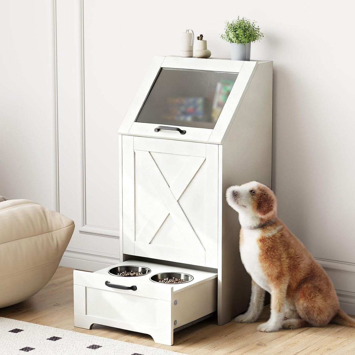 Dog Feeding Station with 2 Elevated Bowls & Storage Cabinet,Walnut