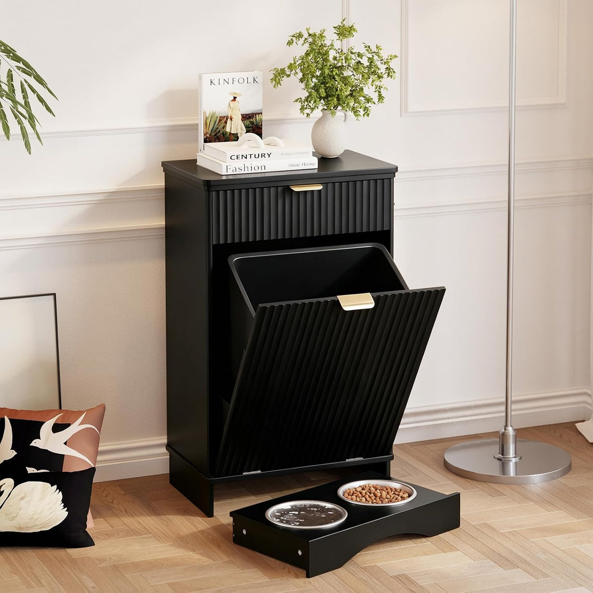 Dog Feeding Station with 2 Elevated Bowls & Storage Cabinet,Walnut