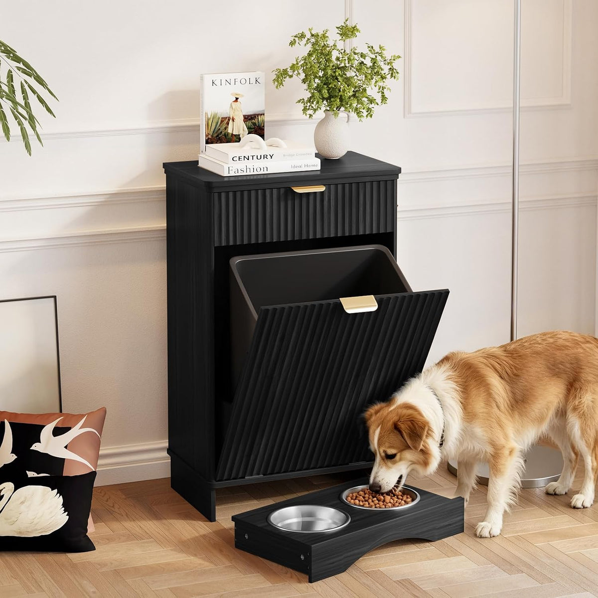 Dog Feeding Station with 2 Elevated Bowls & Storage Cabinet,Walnut