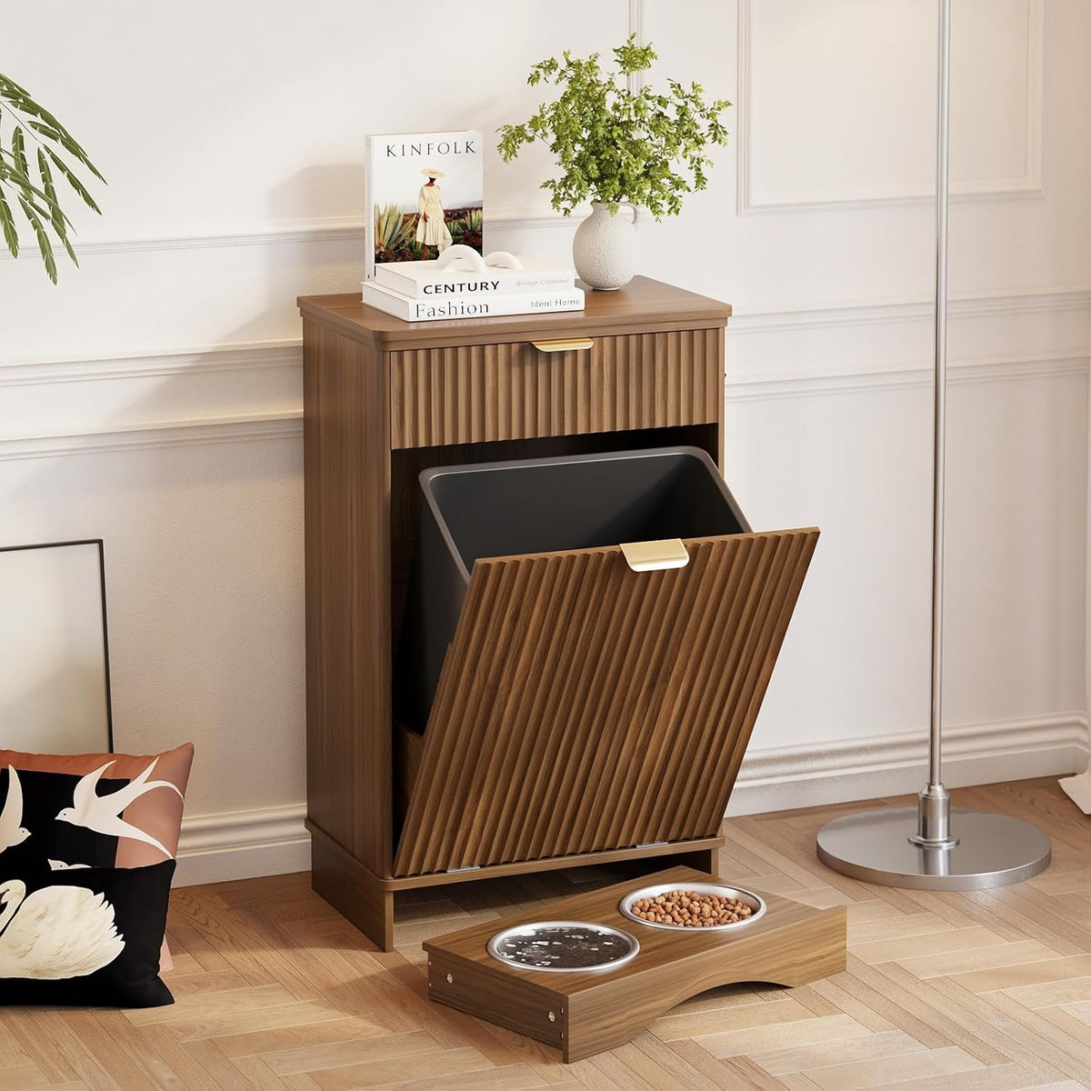 Dog Feeding Station with 2 Elevated Bowls & Storage Cabinet,Walnut