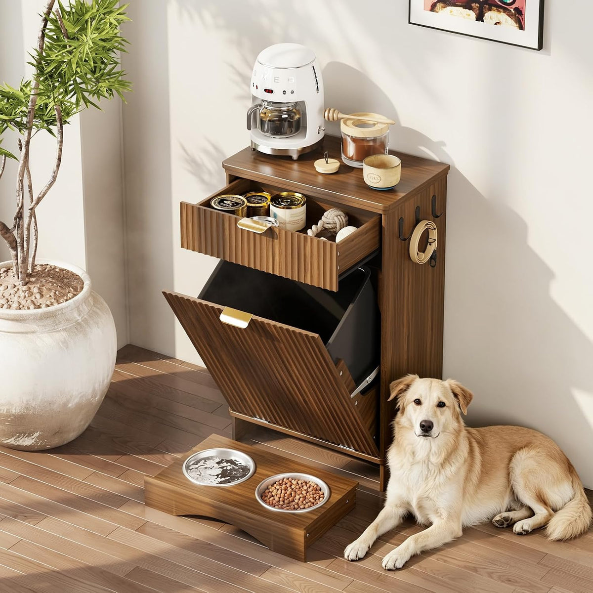 Dog Feeding Station with 2 Elevated Bowls & Storage Cabinet,Walnut