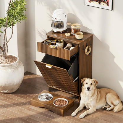 Dog Feeding Station with 2 Elevated Bowls & Storage Cabinet,Walnut