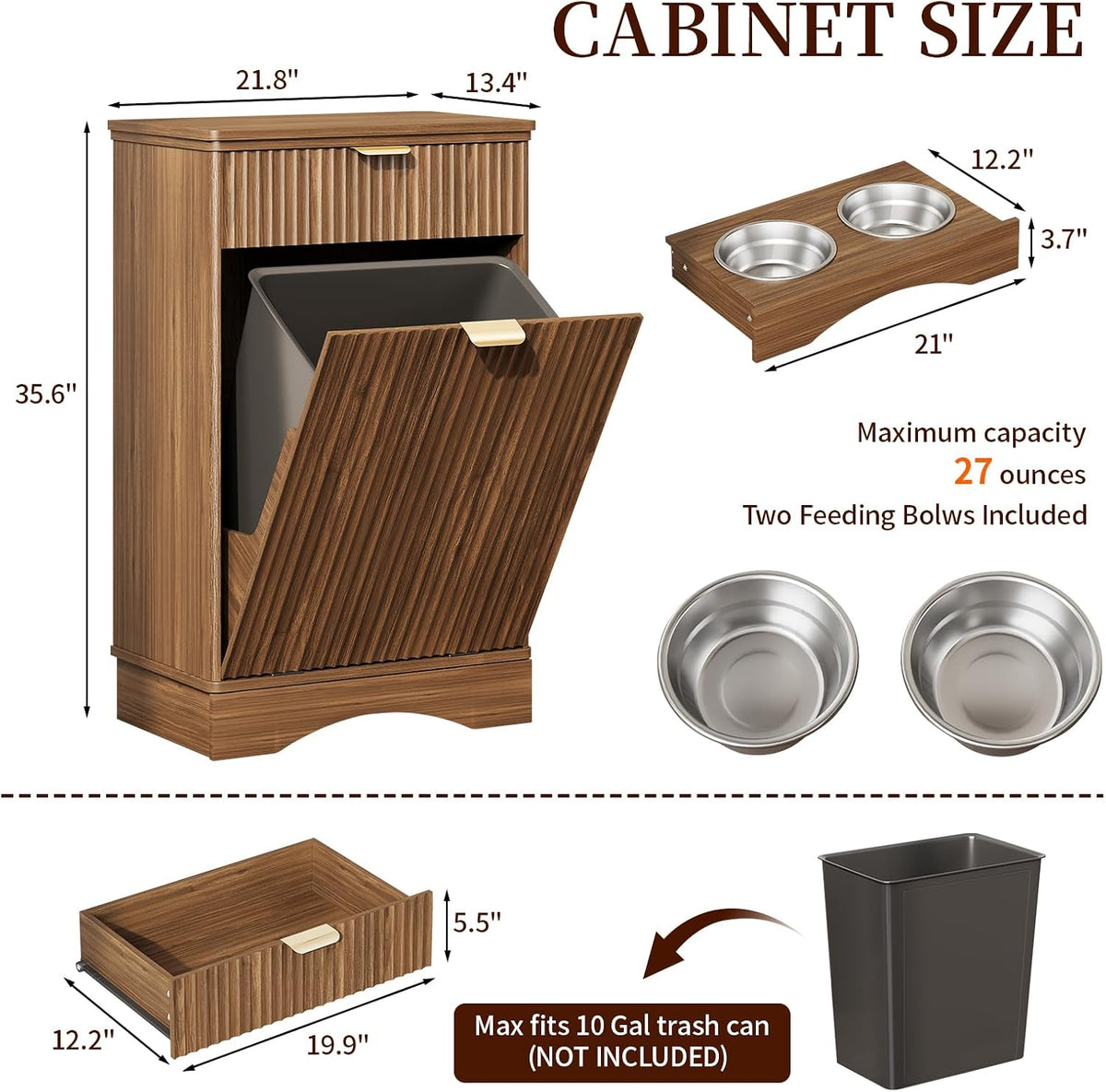 Dog Feeding Station with 2 Elevated Bowls & Storage Cabinet,Walnut