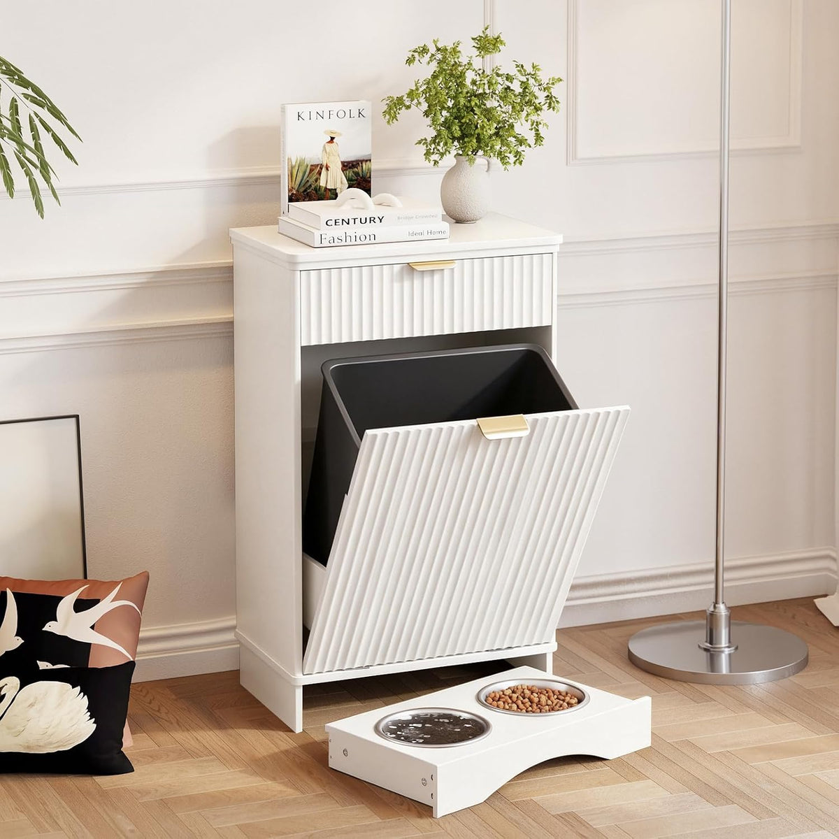 Dog Feeding Station with 2 Elevated Bowls & Storage Cabinet,Walnut