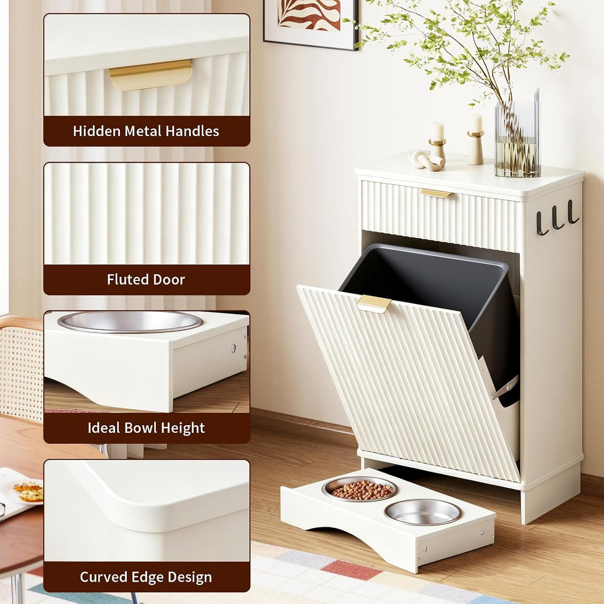 Dog Feeding Station with 2 Elevated Bowls & Storage Cabinet,Walnut