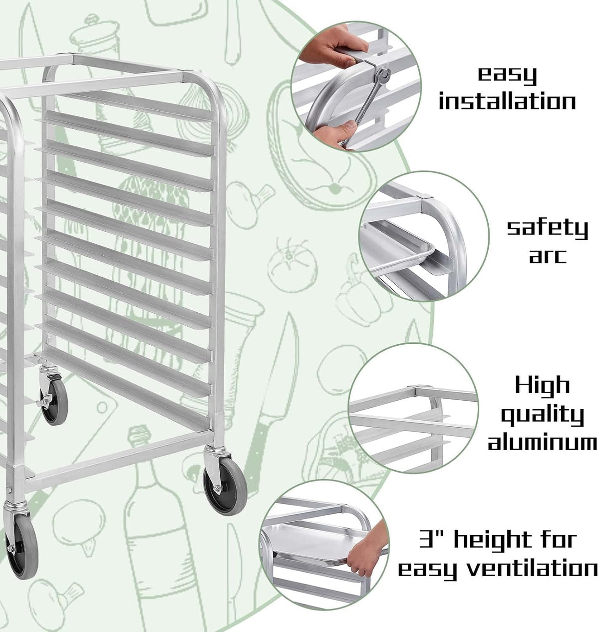 Hally Bun Pan Rack 10 Tier with Wheels Commercial Bakery Racking Aluminum