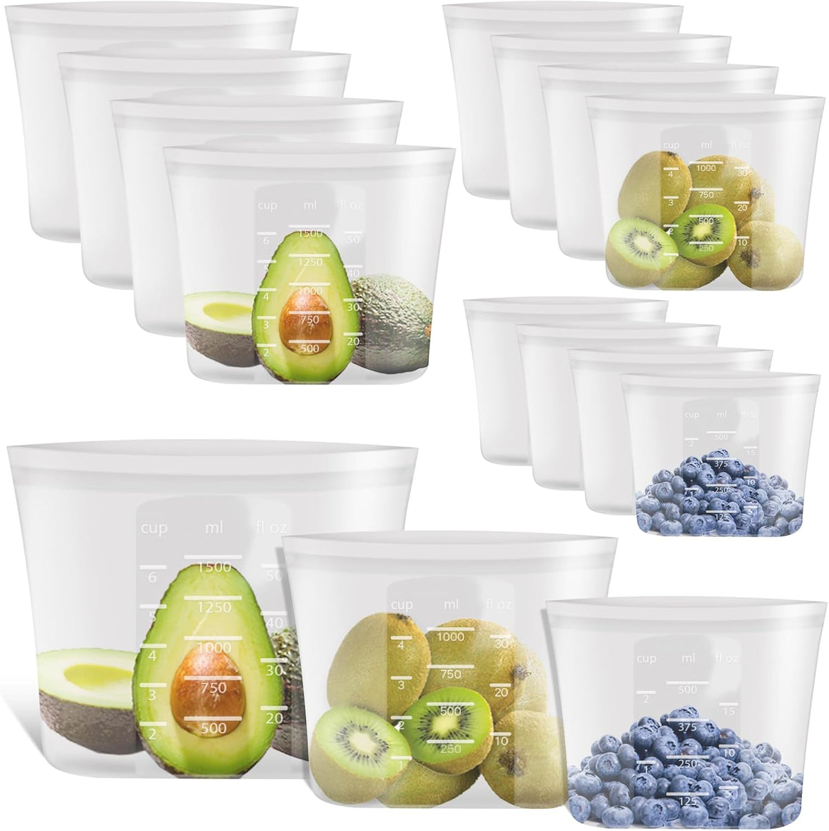 100% Platinum Silicone Reusable Storage Bags, Premium Silicone Food Storage Bag Stand-Up Wide-Mouth Zip-Lock, Microwave Dishwasher Safe, 4 M + 4 S + 4 XS, Crystal-Clear