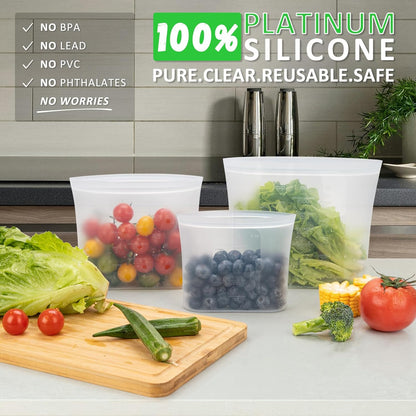 100% Platinum Silicone Reusable Storage Bags, Premium Silicone Food Storage Bag Stand-Up Wide-Mouth Zip-Lock, Microwave Dishwasher Safe, 4 M + 4 S + 4 XS, Crystal-Clear