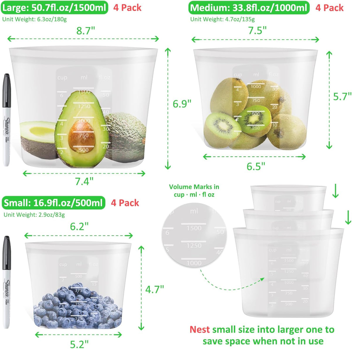 100% Platinum Silicone Reusable Storage Bags, Premium Silicone Food Storage Bag Stand-Up Wide-Mouth Zip-Lock, Microwave Dishwasher Safe, 4 M + 4 S + 4 XS, Crystal-Clear