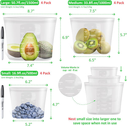 100% Platinum Silicone Reusable Storage Bags, Premium Silicone Food Storage Bag Stand-Up Wide-Mouth Zip-Lock, Microwave Dishwasher Safe, 4 M + 4 S + 4 XS, Crystal-Clear