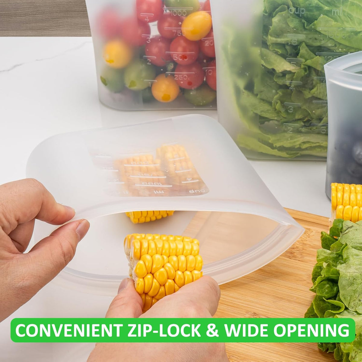 100% Platinum Silicone Reusable Storage Bags, Premium Silicone Food Storage Bag Stand-Up Wide-Mouth Zip-Lock, Microwave Dishwasher Safe, 4 M + 4 S + 4 XS, Crystal-Clear