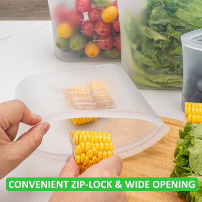 100% Platinum Silicone Reusable Storage Bags, Premium Silicone Food Storage Bag Stand-Up Wide-Mouth Zip-Lock, Microwave Dishwasher Safe, 4 M + 4 S + 4 XS, Crystal-Clear