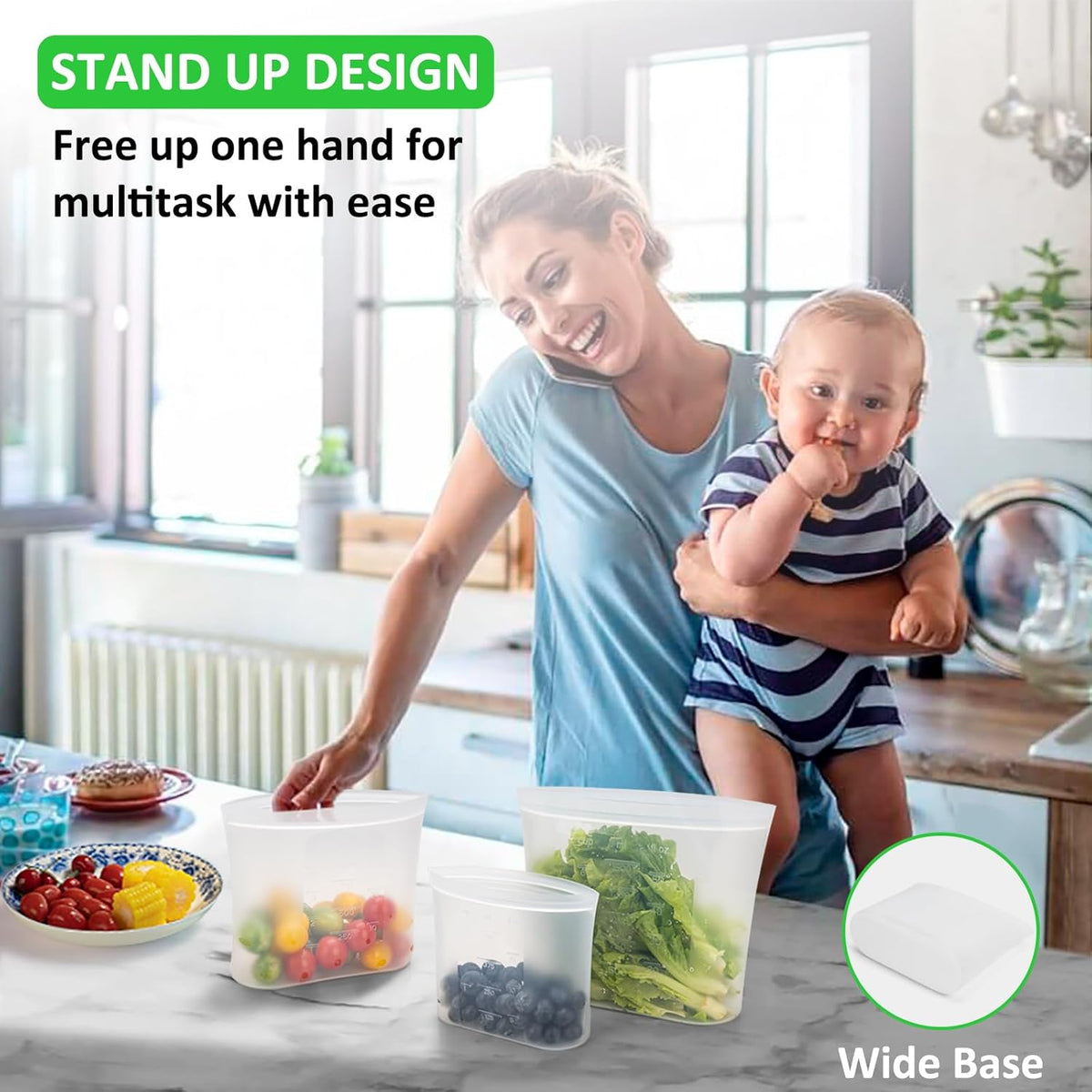 100% Platinum Silicone Reusable Storage Bags, Premium Silicone Food Storage Bag Stand-Up Wide-Mouth Zip-Lock, Microwave Dishwasher Safe, 4 M + 4 S + 4 XS, Crystal-Clear