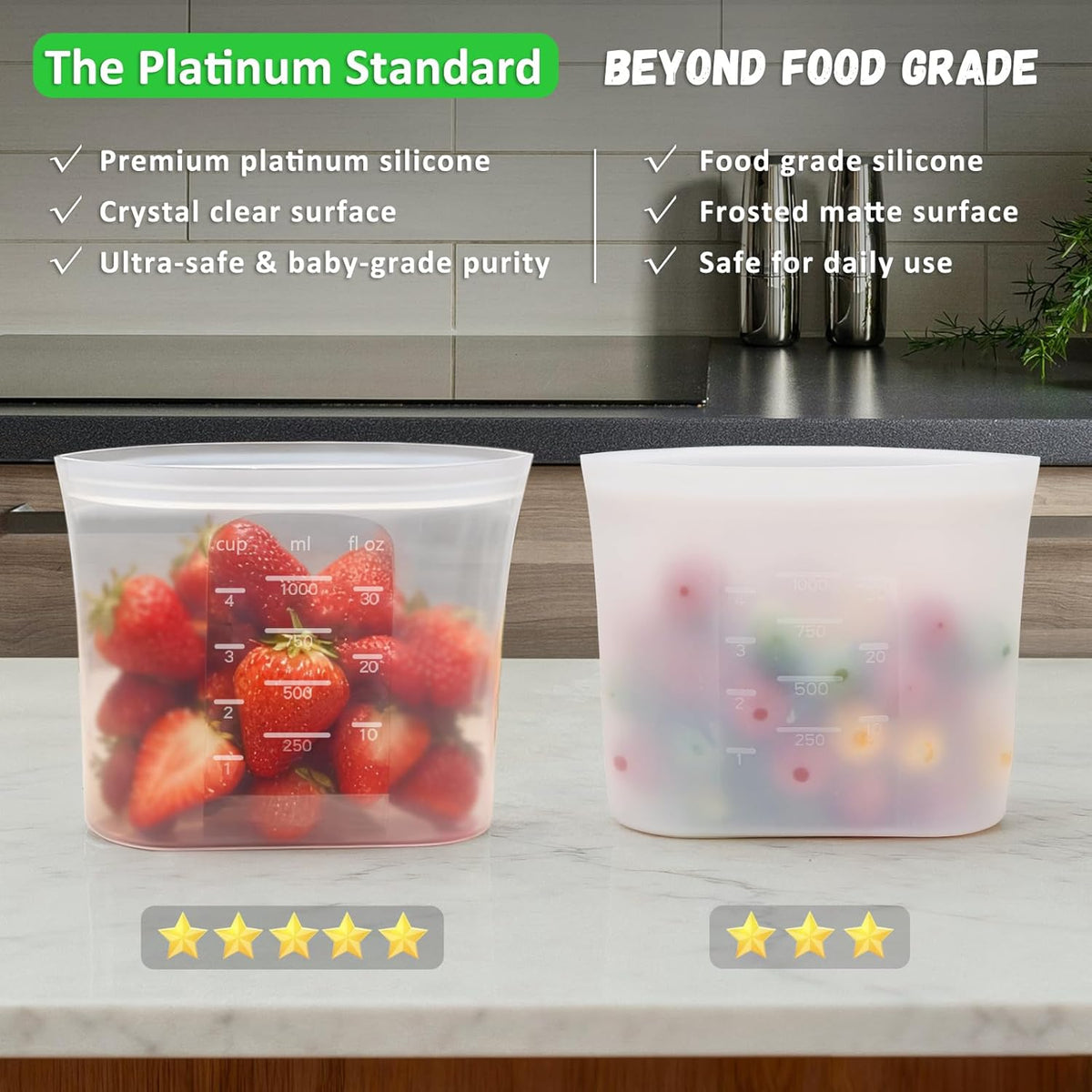 100% Platinum Silicone Reusable Storage Bags, Premium Silicone Food Storage Bag Stand-Up Wide-Mouth Zip-Lock, Microwave Dishwasher Safe, 4 M + 4 S + 4 XS, Crystal-Clear