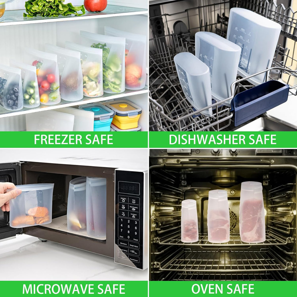 100% Platinum Silicone Reusable Storage Bags, Premium Silicone Food Storage Bag Stand-Up Wide-Mouth Zip-Lock, Microwave Dishwasher Safe, 4 M + 4 S + 4 XS, Crystal-Clear