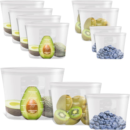 100% Platinum Silicone Reusable Storage Bags, Premium Silicone Food Storage Bag Stand-Up Wide-Mouth Zip-Lock, Microwave Dishwasher Safe, 4 M + 4 S + 4 XS, Crystal-Clear