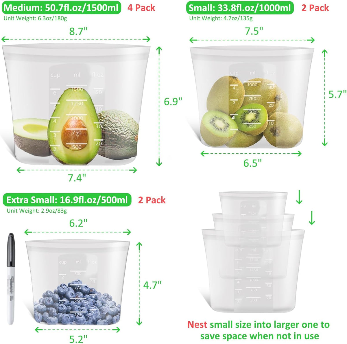100% Platinum Silicone Reusable Storage Bags, Premium Silicone Food Storage Bag Stand-Up Wide-Mouth Zip-Lock, Microwave Dishwasher Safe, 4 M + 4 S + 4 XS, Crystal-Clear