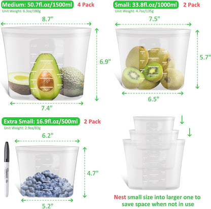 100% Platinum Silicone Reusable Storage Bags, Premium Silicone Food Storage Bag Stand-Up Wide-Mouth Zip-Lock, Microwave Dishwasher Safe, 4 M + 4 S + 4 XS, Crystal-Clear
