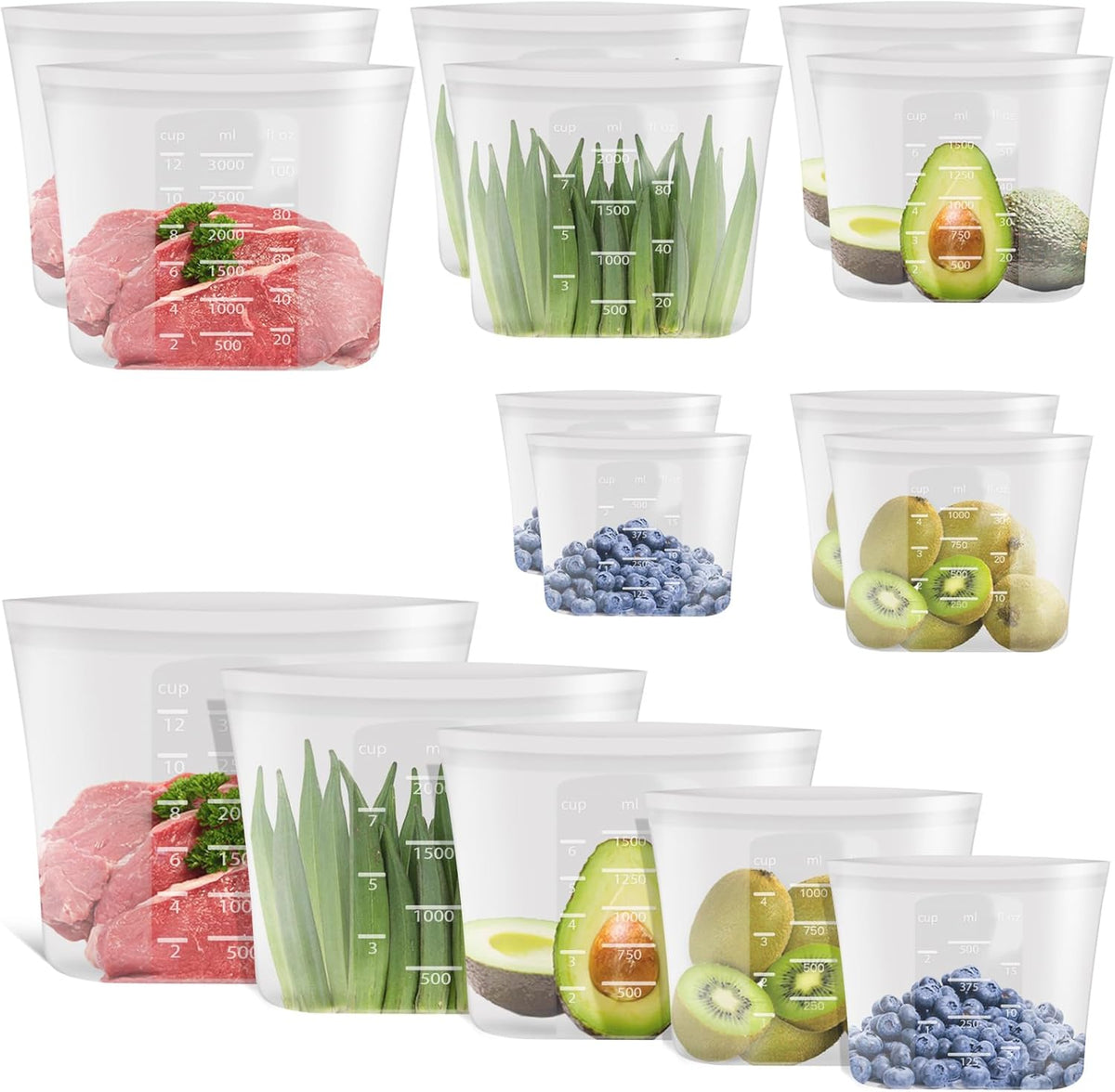100% Platinum Silicone Reusable Storage Bags, Premium Silicone Food Storage Bag Stand-Up Wide-Mouth Zip-Lock, Microwave Dishwasher Safe, 4 M + 4 S + 4 XS, Crystal-Clear
