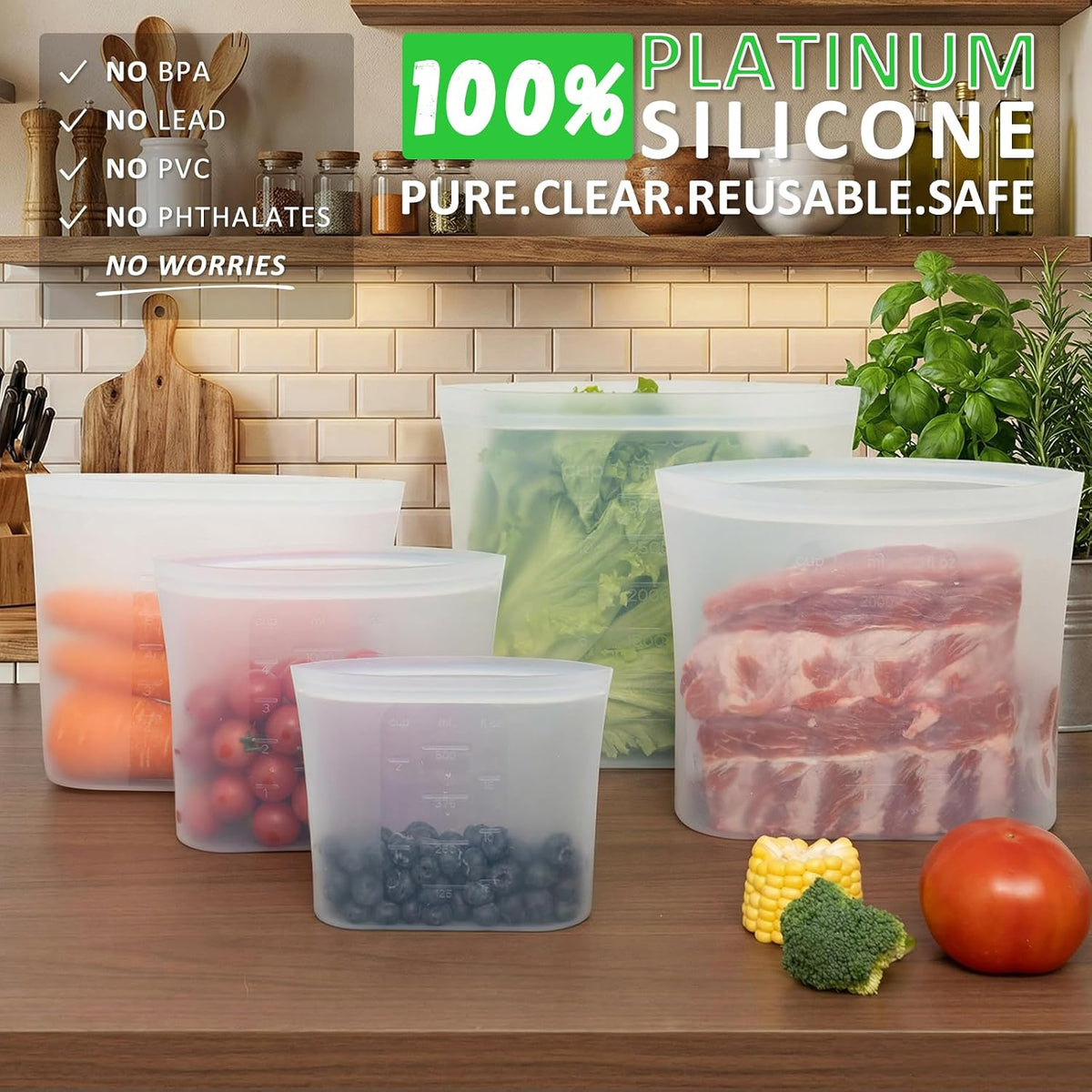 100% Platinum Silicone Reusable Storage Bags, Premium Silicone Food Storage Bag Stand-Up Wide-Mouth Zip-Lock, Microwave Dishwasher Safe, 4 M + 4 S + 4 XS, Crystal-Clear