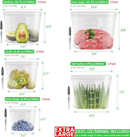 100% Platinum Silicone Reusable Storage Bags, Premium Silicone Food Storage Bag Stand-Up Wide-Mouth Zip-Lock, Microwave Dishwasher Safe, 4 M + 4 S + 4 XS, Crystal-Clear