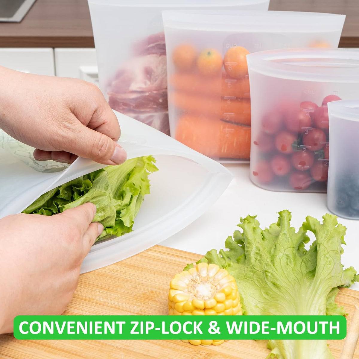 100% Platinum Silicone Reusable Storage Bags, Premium Silicone Food Storage Bag Stand-Up Wide-Mouth Zip-Lock, Microwave Dishwasher Safe, 4 M + 4 S + 4 XS, Crystal-Clear