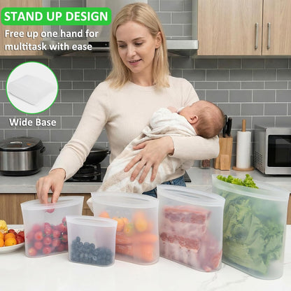 100% Platinum Silicone Reusable Storage Bags, Premium Silicone Food Storage Bag Stand-Up Wide-Mouth Zip-Lock, Microwave Dishwasher Safe, 4 M + 4 S + 4 XS, Crystal-Clear