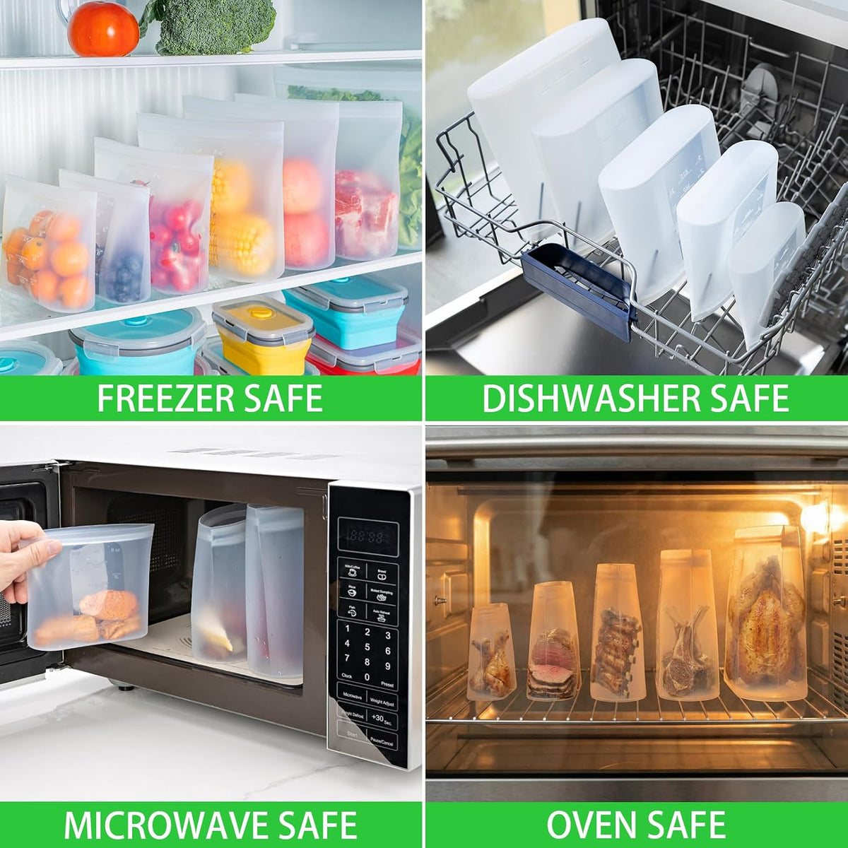 100% Platinum Silicone Reusable Storage Bags, Premium Silicone Food Storage Bag Stand-Up Wide-Mouth Zip-Lock, Microwave Dishwasher Safe, 4 M + 4 S + 4 XS, Crystal-Clear