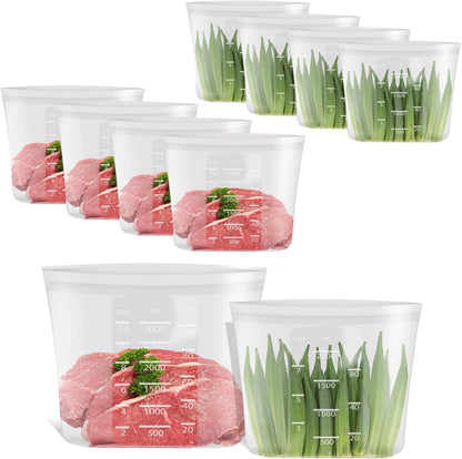 100% Platinum Silicone Reusable Storage Bags, Premium Silicone Food Storage Bag Stand-Up Wide-Mouth Zip-Lock, Microwave Dishwasher Safe, 4 M + 4 S + 4 XS, Crystal-Clear