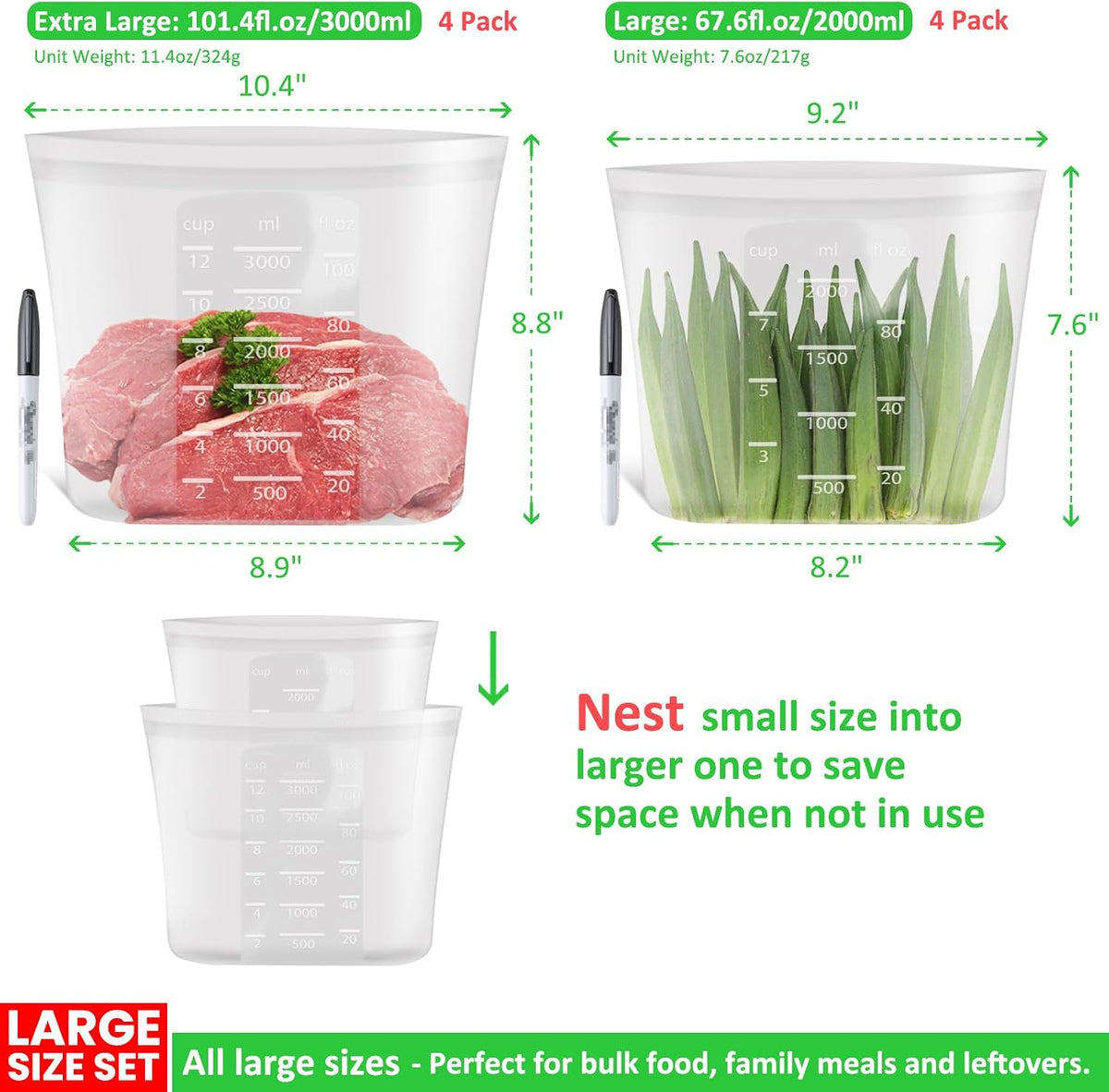 100% Platinum Silicone Reusable Storage Bags, Premium Silicone Food Storage Bag Stand-Up Wide-Mouth Zip-Lock, Microwave Dishwasher Safe, 4 M + 4 S + 4 XS, Crystal-Clear