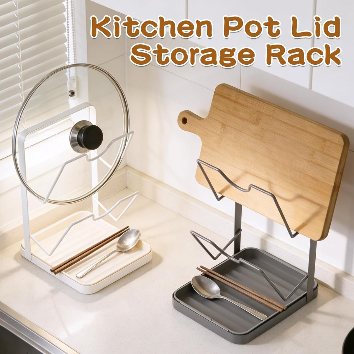 Kitchen Pot Lid Storage Rack, Double-Layer Pot Lid Organizer with Removable Drip Tray,Pot Lid Holder While Cooking,Space-Saving kitchen Countertop Organizer Storage for Pots Pans & Cutting Boards