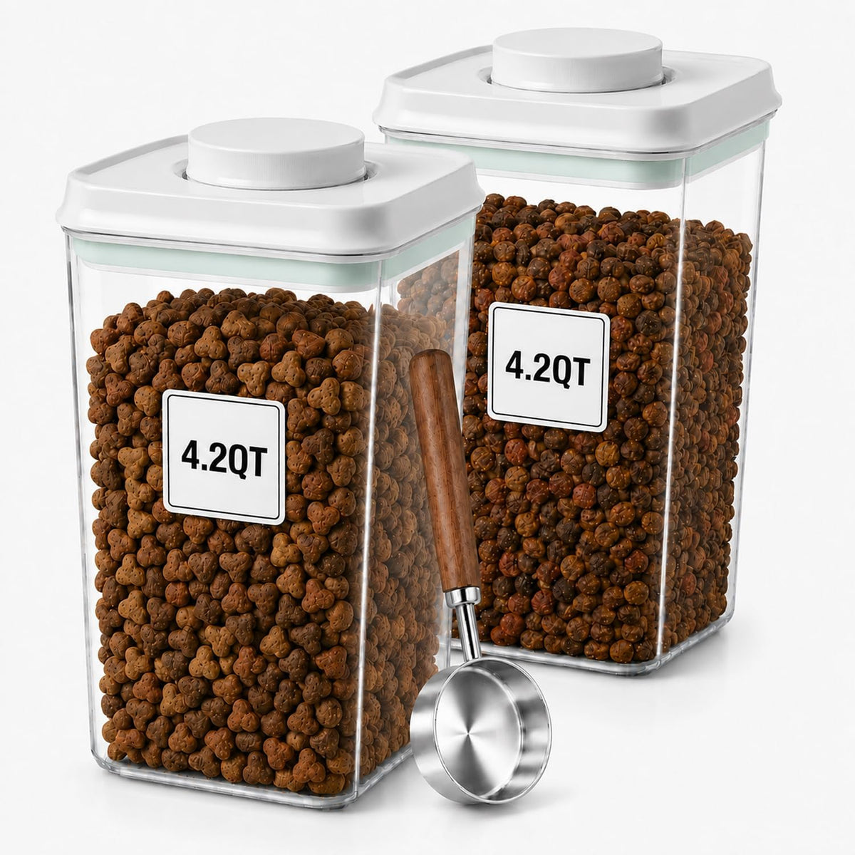 Pet Dog-Cat Airtight Food Storage-Container - 4.2Qt/4L jar with lid and 1/4Cup scoop | Holds 3–5 pounds of dry pet food | BPA-Free