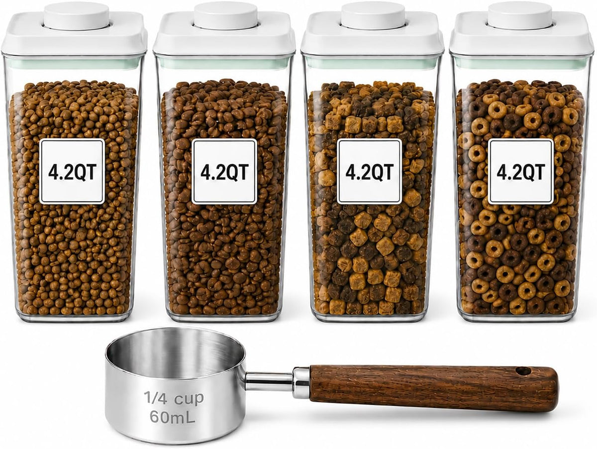 Pet Dog-Cat Airtight Food Storage-Container - 4.2Qt/4L jar with lid and 1/4Cup scoop | Holds 3–5 pounds of dry pet food | BPA-Free