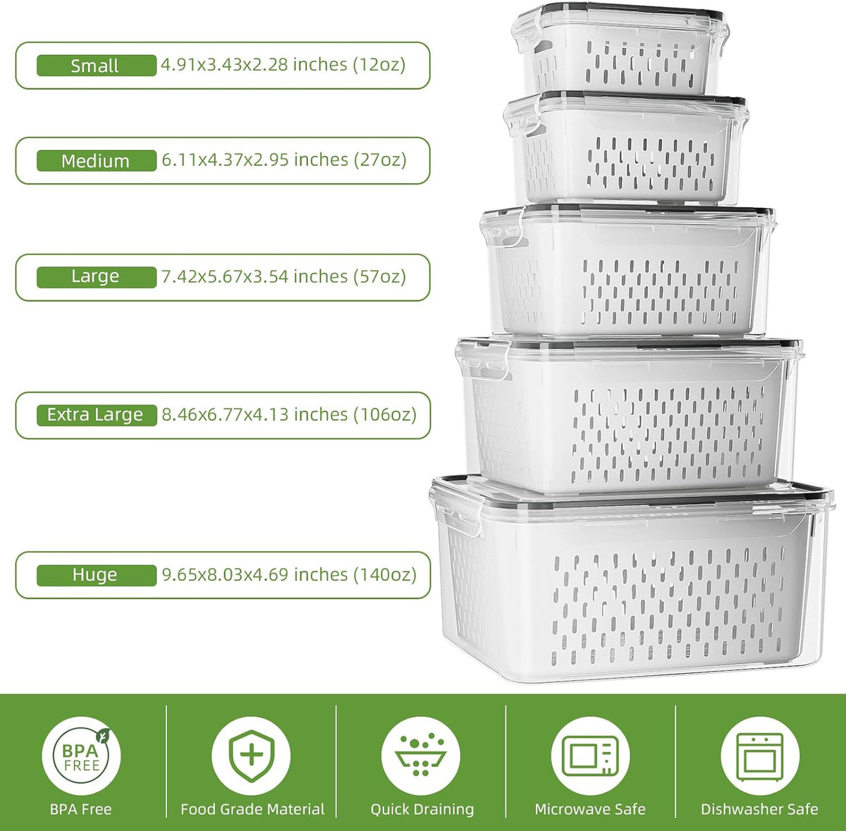 KEMETHY 5 Pack Fruit Storage Containers for Fridge with Removable Colanders - Food Storage Containers with Lids, BPA-Free Produce Containers Keep Fruits, Vegetables, Berry, Meat Fresh Longer