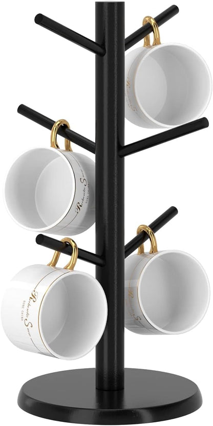 Coffee Mug Holder with 6 Hooks, Bamboo Mug Tree Stand for Countertop, Black