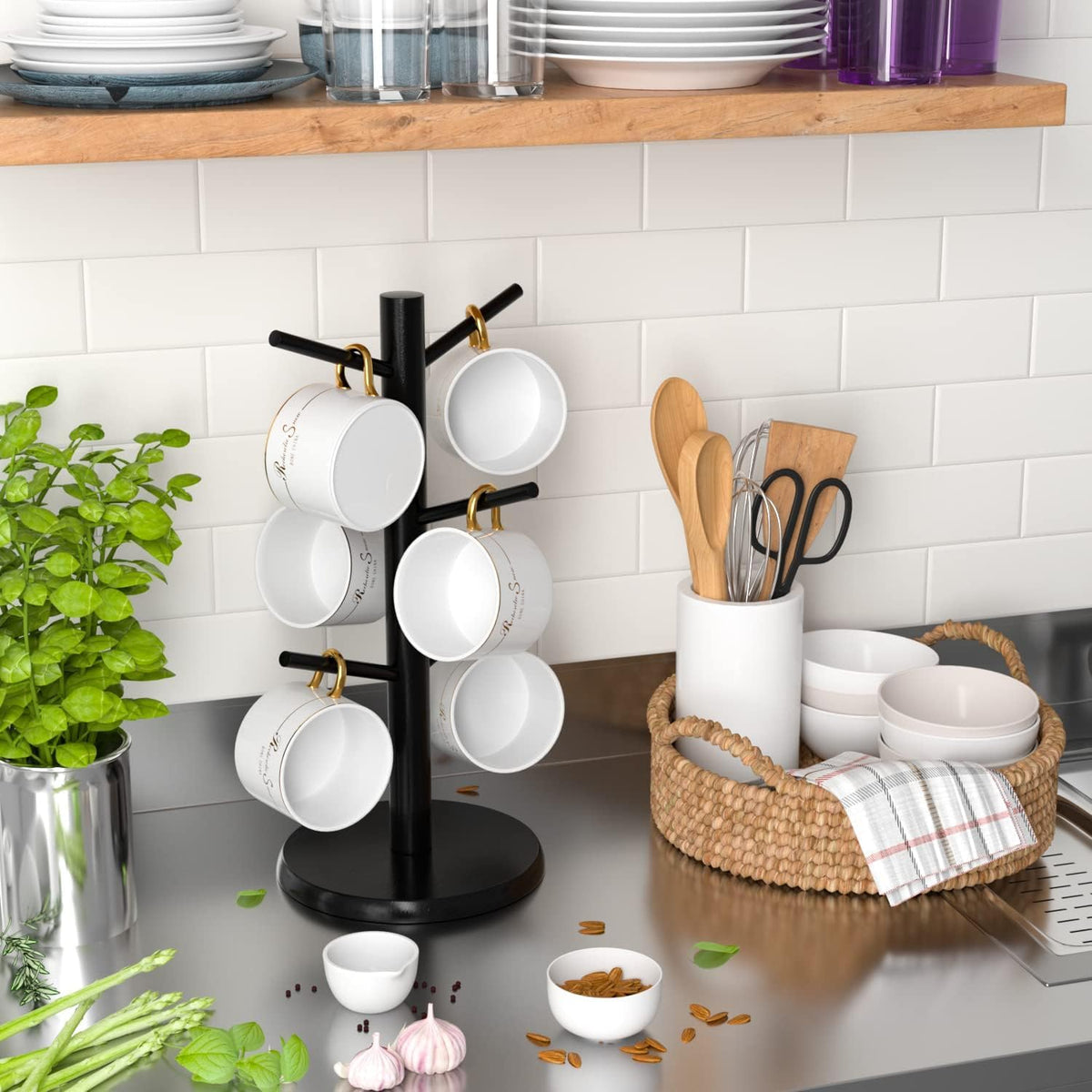 Coffee Mug Holder with 6 Hooks, Bamboo Mug Tree Stand for Countertop, Black