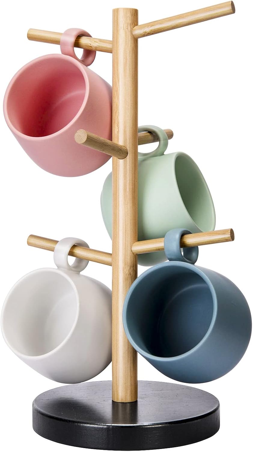 Coffee Mug Holder with 6 Hooks, Bamboo Mug Tree Stand for Countertop, Black
